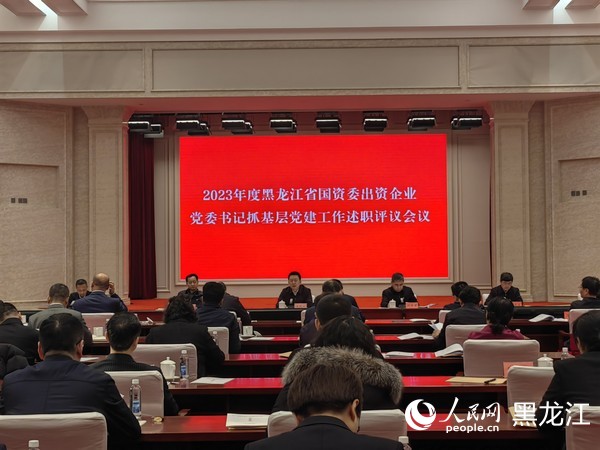 2023年度出资企业党委书记抓基层党建工作述职评议会议现场。