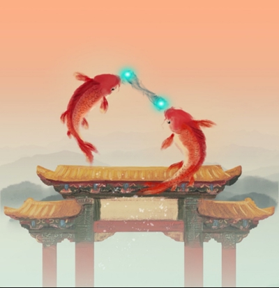 图中头顶玉珠的两条鲤鱼，象征着一对自旋相反的费米子；龙门代表了超流相变和赝能隙。鲤鱼跃过龙门，表明配对发生在超流相变温度以上。这种配对现象反过来又导致赝能隙的出现。陈磊 制图
