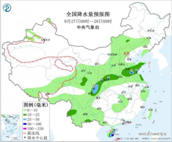 全国降水量预报图(9月27日08时-28日08时)